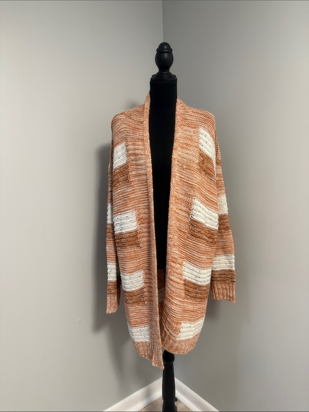 VENUS Open-Front Striped Cardigan - Rust and Cream